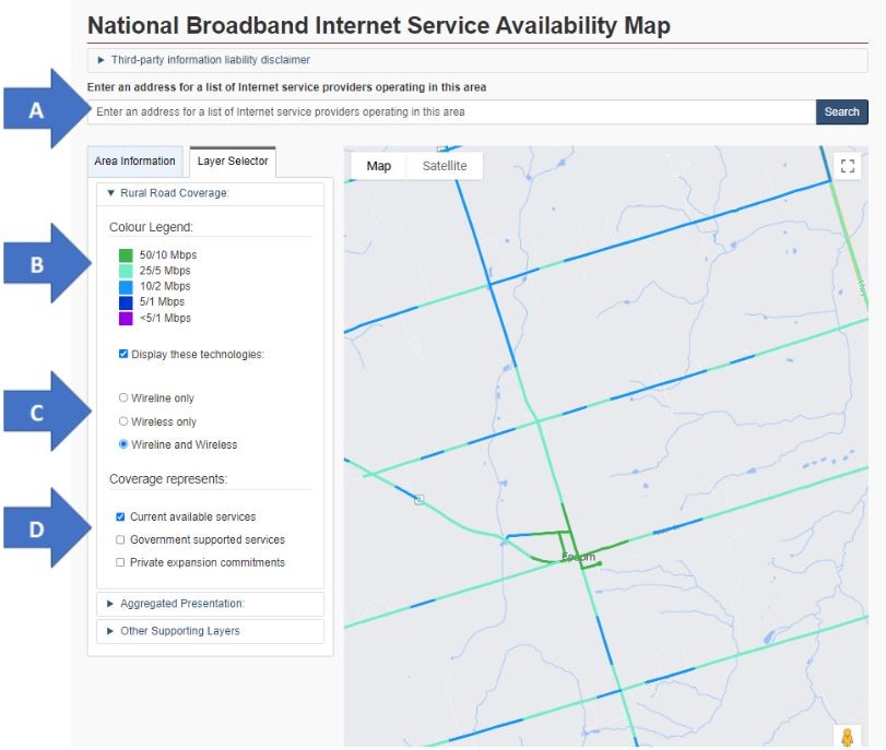 (An image of the Government of Canada’s National Broadband Internet Service Availability map with blue arrows indicating steps on how to navigate the tool to find available internet services in your area, including Wireline only, Wireless only and Wireline and Wireless.)