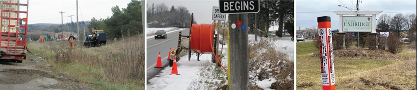 Images of installing the fibre cable in the Uxbridge Pickering project. Three images; work crews, a large roll of cable at a roadside, and a specialty pylon indicating work underway on broadband.